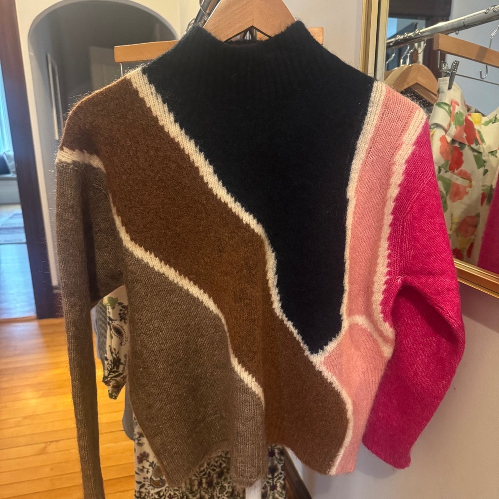 Sezane Colorblock Crewneck Sweater in Black, Brown, Pink, Hot Pink